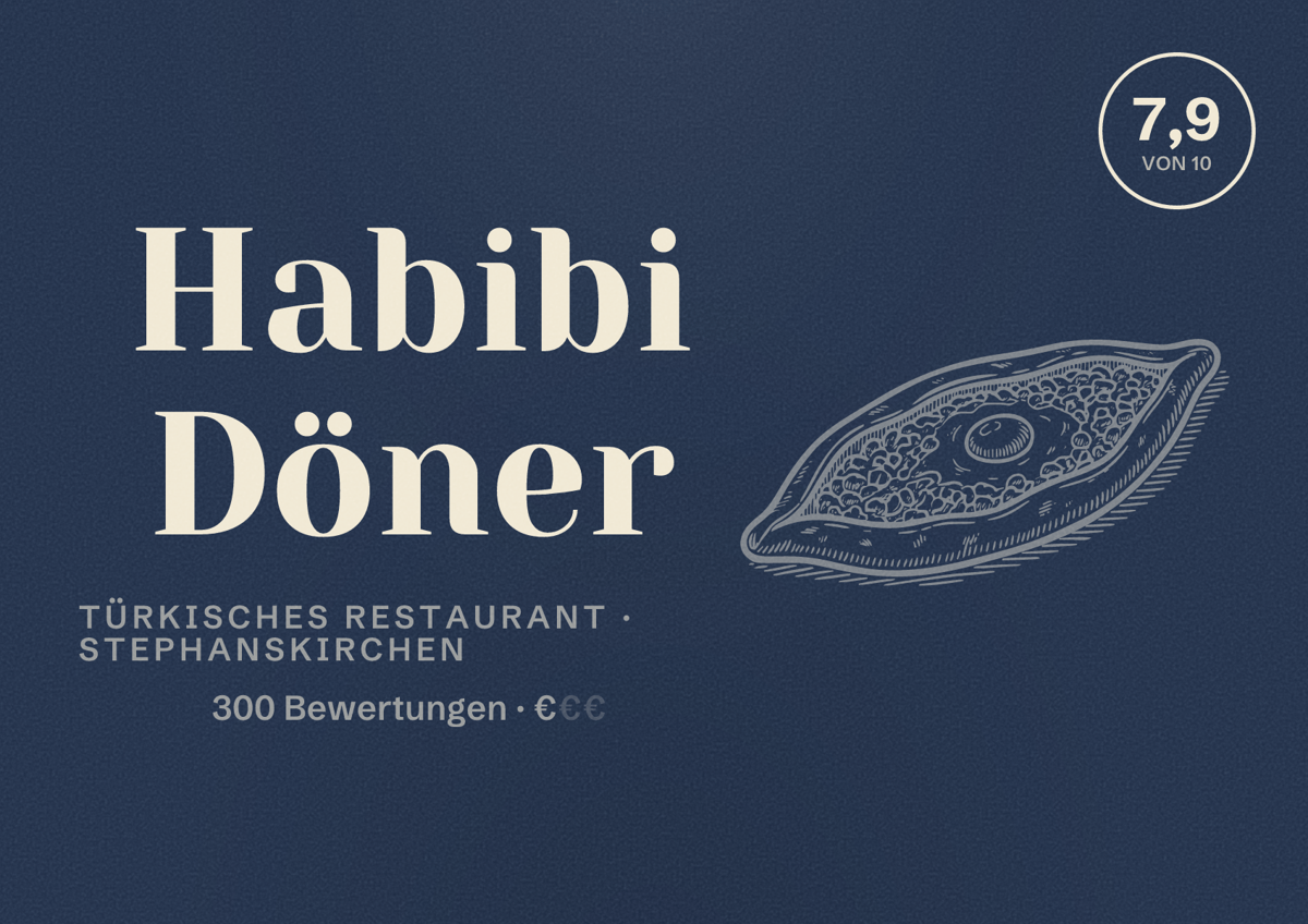Illustriertes Poster von Habibi Döner, Türkisches Restaurant in Stephanskirchen: Bewertung 7,9 von 10 aus 300 Bewertungen, Preisniveau €