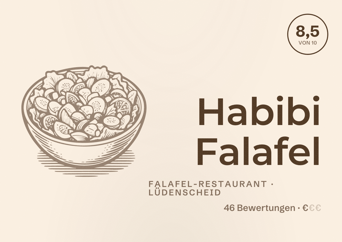 Illustriertes Poster von Habibi Falafel, Falafel-Restaurant in Lüdenscheid: Bewertung 8,5 von 10 aus 46 Bewertungen, Preisniveau €