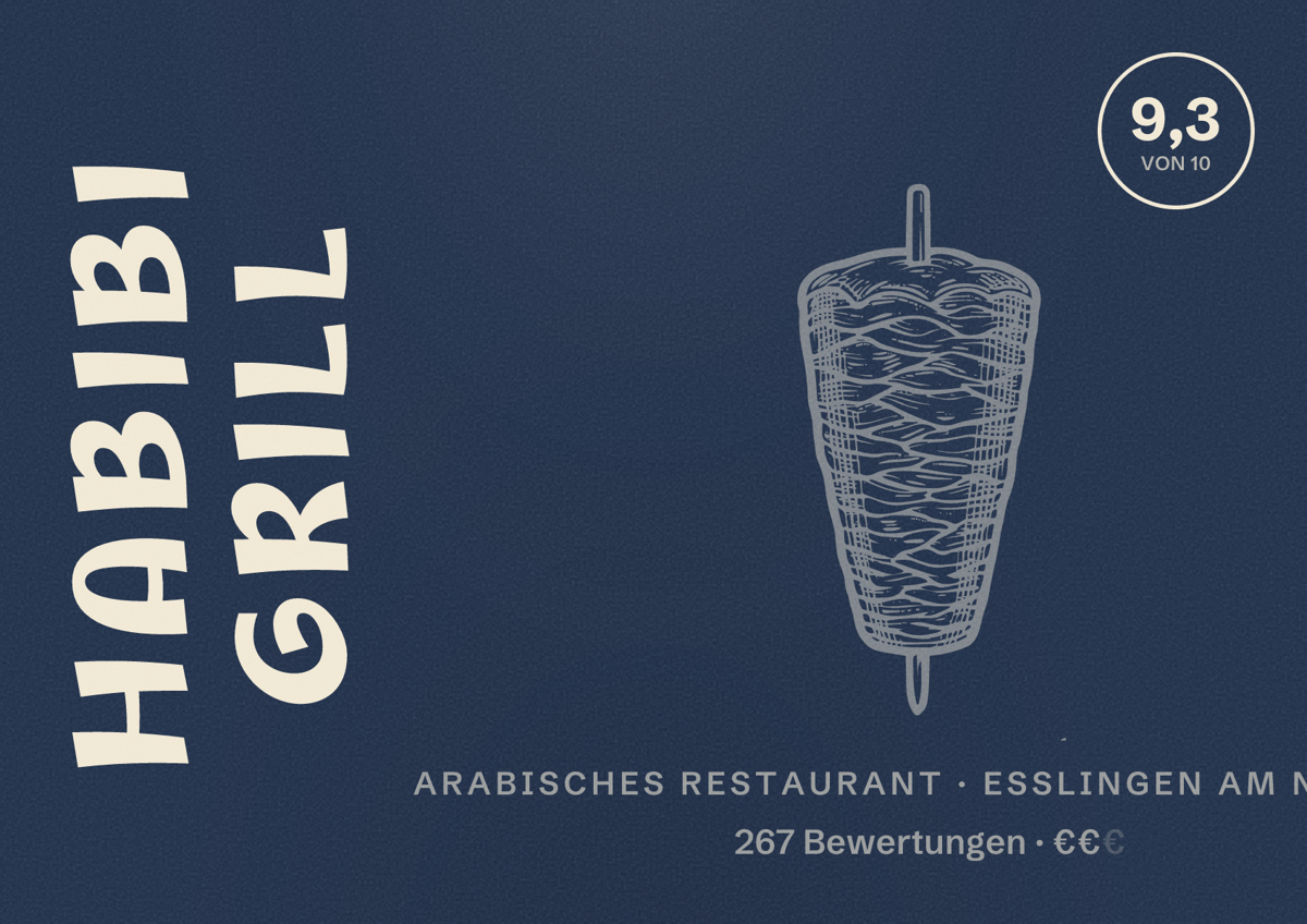 Illustriertes Poster von Habibi Grill, Arabisches Restaurant in Esslingen am Neckar: Bewertung 9,3 von 10 aus 267 Bewertungen, Preisniveau €€