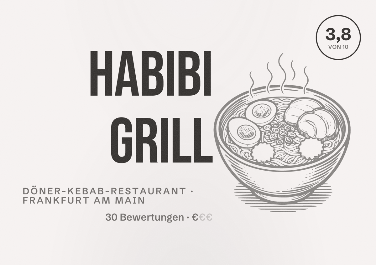 Illustriertes Poster von Habibi Grill, Döner-Kebab-Restaurant in Frankfurt am Main: Bewertung 3,8 von 10 aus 30 Bewertungen, Preisniveau €