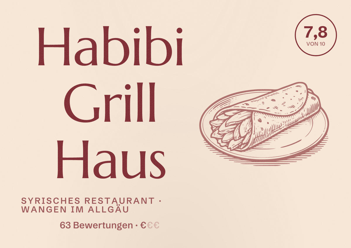 Illustriertes Poster von Habibi Grill Haus, Syrisches Restaurant in Wangen im Allgäu: Bewertung 7,8 von 10 aus 63 Bewertungen, Preisniveau €