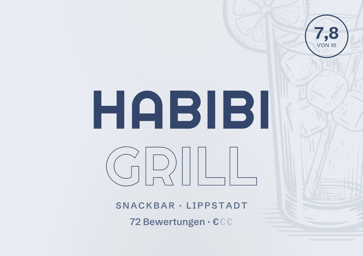 Illustriertes Poster von Habibi Grill, Snackbar in Lippstadt: Bewertung 7,8 von 10 aus 72 Bewertungen, Preisniveau €