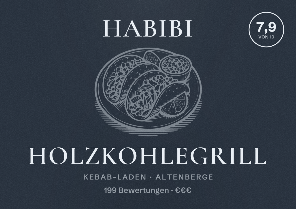 Illustriertes Poster von Habibi Holzkohlegrill, Kebab-Laden in Altenberge: Bewertung 7,9 von 10 aus 199 Bewertungen, Preisniveau €€€