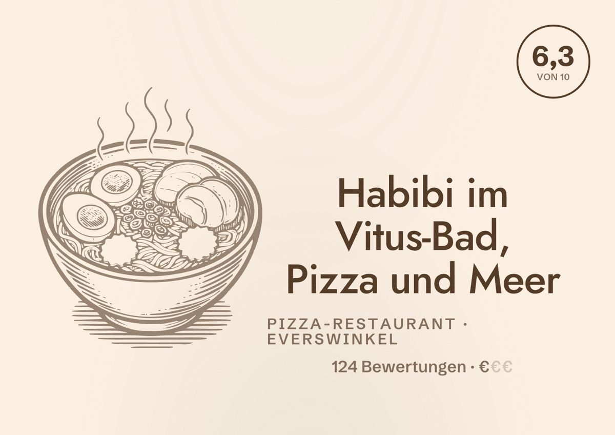 Illustriertes Poster von Habibi im Vitus-Bad, Pizza und Meer, Pizza-Restaurant in Everswinkel: Bewertung 6,3 von 10 aus 124 Bewertungen, Preisniveau €
