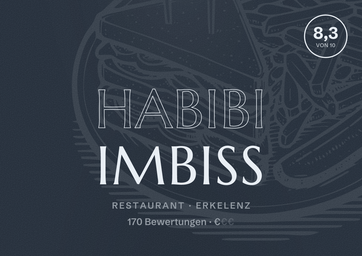 Illustriertes Poster von Habibi Imbiss, Restaurant in Erkelenz: Bewertung 8,3 von 10 aus 170 Bewertungen, Preisniveau €