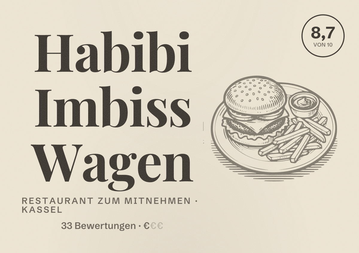 Illustriertes Poster von Habibi Imbiss Wagen, Restaurant zum Mitnehmen in Kassel: Bewertung 8,7 von 10 aus 33 Bewertungen, Preisniveau €
