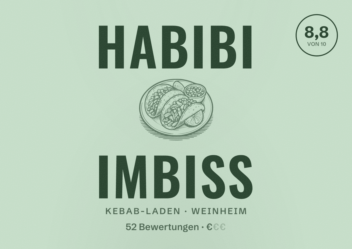 Illustriertes Poster von Habibi Imbiss, Kebab-Laden in Weinheim: Bewertung 8,8 von 10 aus 52 Bewertungen, Preisniveau €