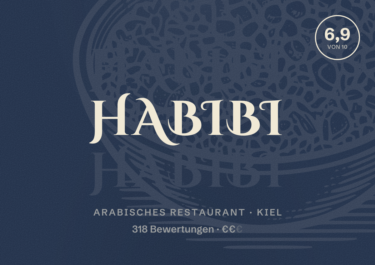 Illustriertes Poster von Habibi, Arabisches Restaurant in Kiel: Bewertung 6,9 von 10 aus 318 Bewertungen, Preisniveau €€