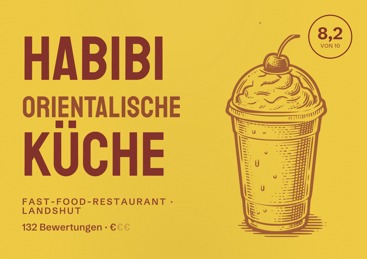 Illustriertes Poster von Habibi orientalische Küche, Fast-Food-Restaurant in Landshut: Bewertung 8,2 von 10 aus 132 Bewertungen, Preisniveau €