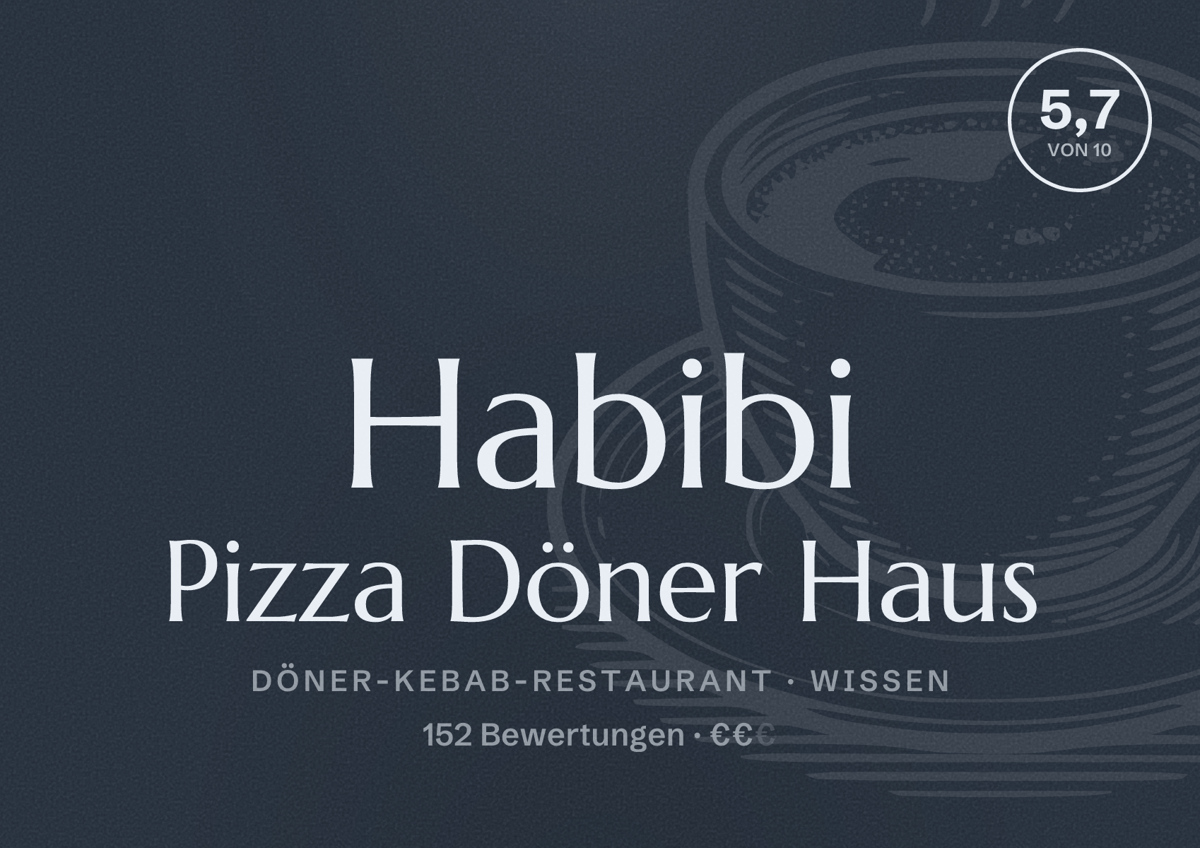 Illustriertes Poster von Habibi Pizza Döner Haus, Döner-Kebab-Restaurant in Wissen: Bewertung 5,7 von 10 aus 152 Bewertungen, Preisniveau €€
