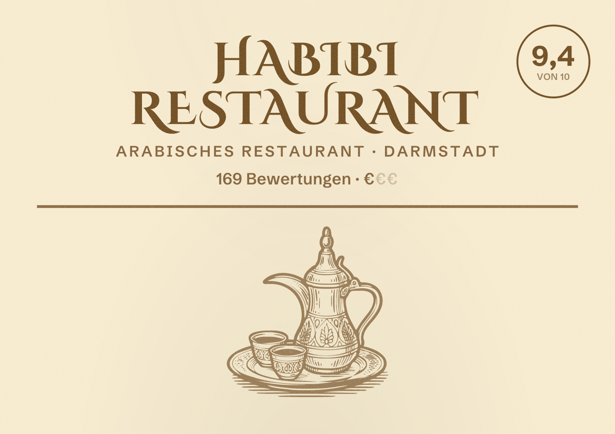 Illustriertes Poster von Habibi Restaurant, Arabisches Restaurant in Darmstadt: Bewertung 9,4 von 10 aus 169 Bewertungen, Preisniveau €