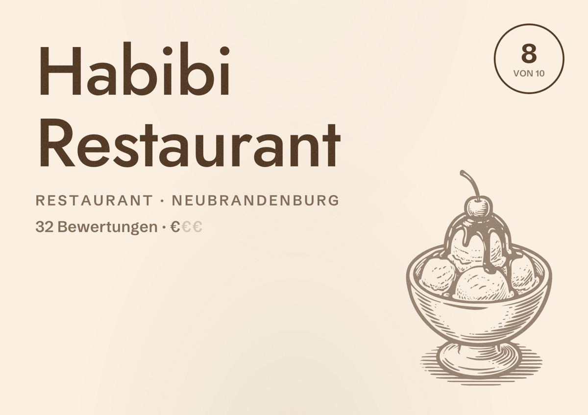 Illustriertes Poster von Habibi Restaurant, Restaurant in Neubrandenburg: Bewertung 8 von 10 aus 32 Bewertungen, Preisniveau €