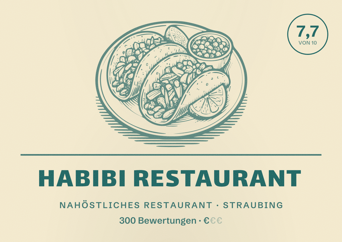 Illustriertes Poster von Habibi Restaurant, Nahöstliches Restaurant in Straubing: Bewertung 7,7 von 10 aus 300 Bewertungen, Preisniveau €