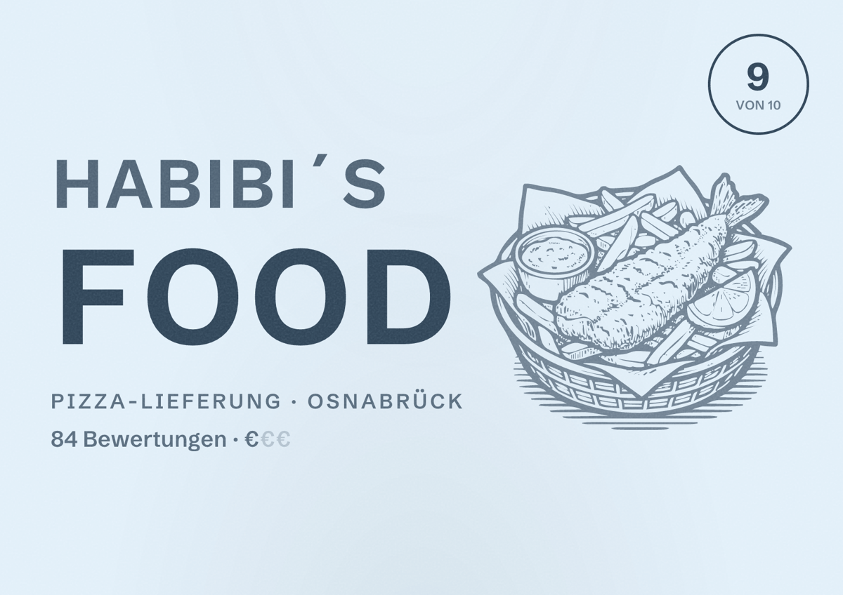 Illustriertes Poster von Habibi´s Food, Pizza-Lieferung in Osnabrück: Bewertung 9 von 10 aus 84 Bewertungen, Preisniveau €