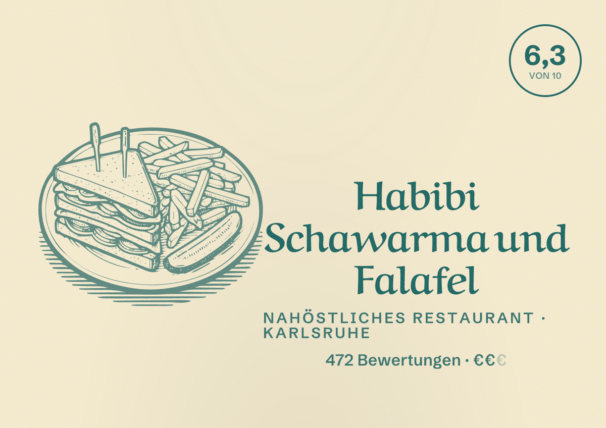Illustriertes Poster von Habibi Schawarma und Falafel, Nahöstliches Restaurant in Karlsruhe: Bewertung 6,3 von 10 aus 472 Bewertungen, Preisniveau €€