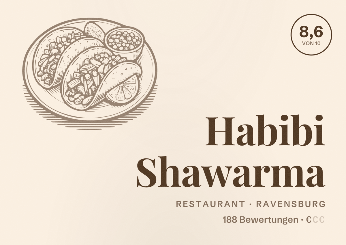 Illustriertes Poster von Habibi Shawarma, Restaurant in Ravensburg: Bewertung 8,6 von 10 aus 188 Bewertungen, Preisniveau €