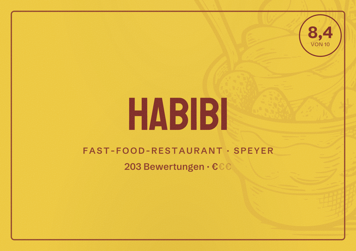 Illustriertes Poster von Habibi, Fast-Food-Restaurant in Speyer: Bewertung 8,4 von 10 aus 203 Bewertungen, Preisniveau €