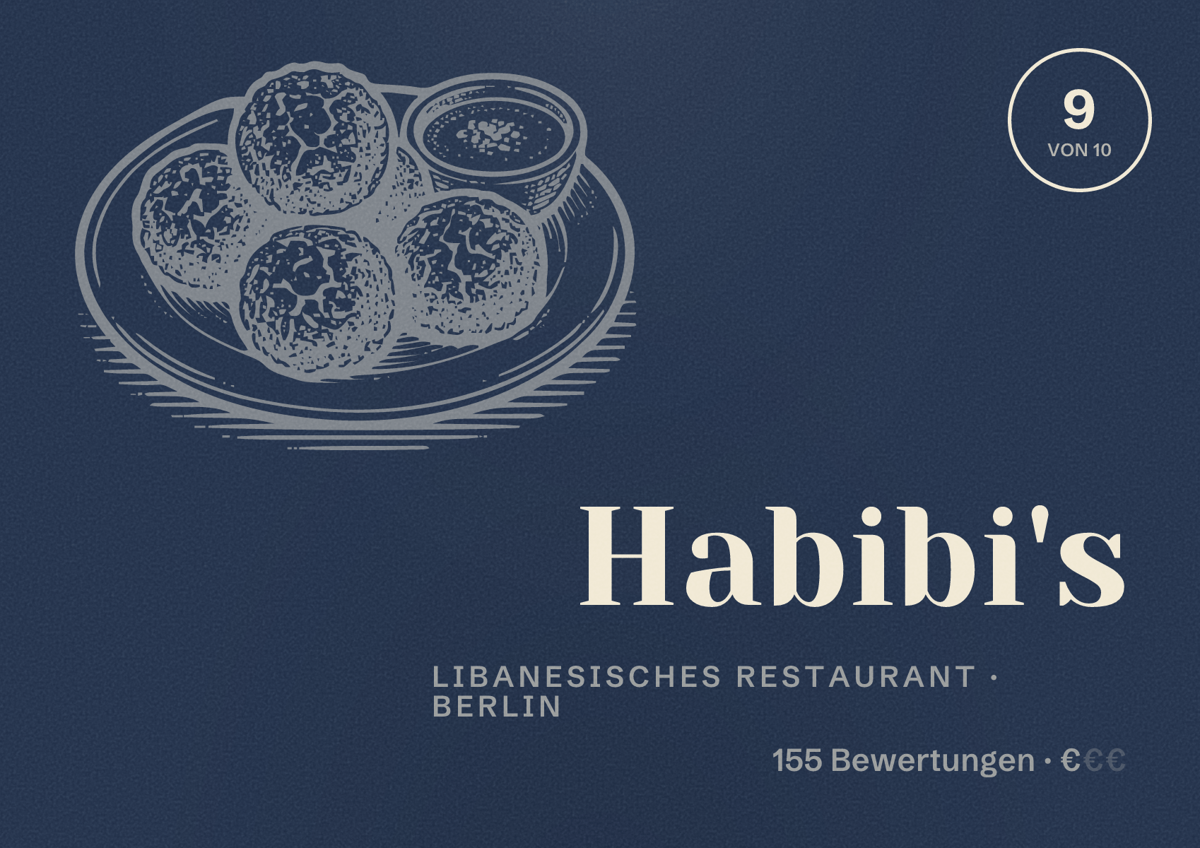 Illustriertes Poster von Habibi's, Libanesisches Restaurant in Berlin: Bewertung 9,0 von 10 aus 155 Bewertungen, Preisniveau €