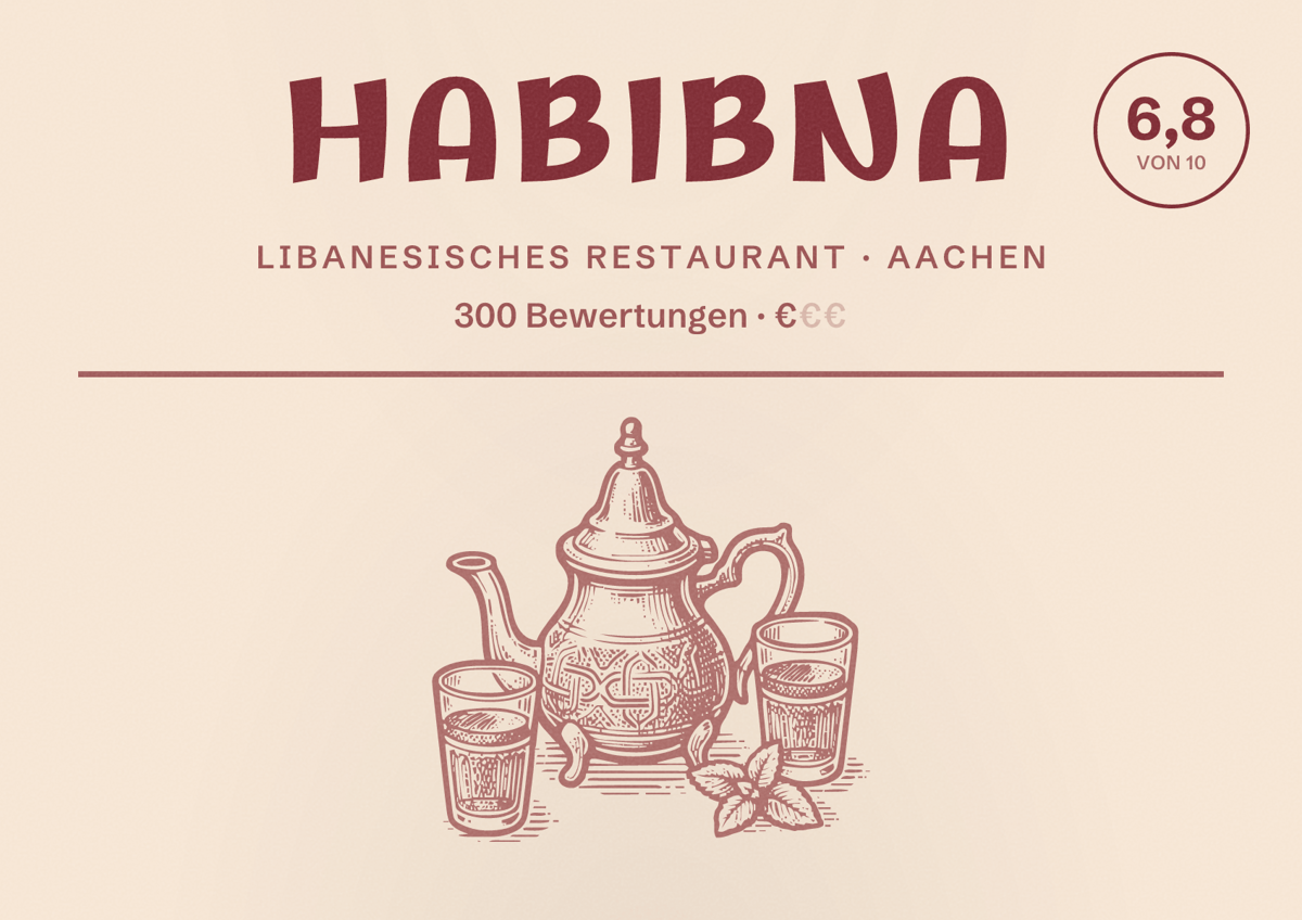 Illustriertes Poster von Habibna, Libanesisches Restaurant in Aachen: Bewertung 6,8 von 10 aus 300 Bewertungen, Preisniveau €
