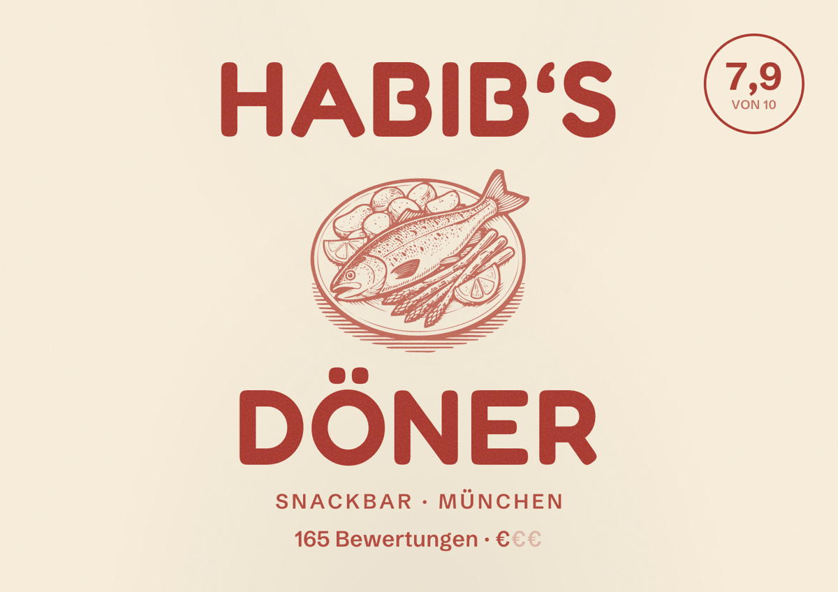 Illustriertes Poster von Habib‘s Döner, Snackbar in München: Bewertung 7,9 von 10 aus 165 Bewertungen, Preisniveau €