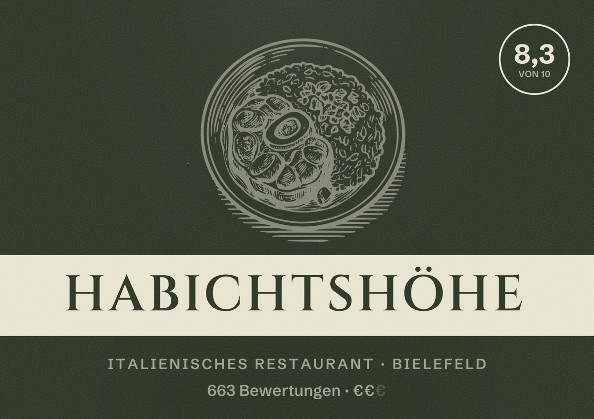 Illustriertes Poster von Habichtshöhe, Italienisches Restaurant in Bielefeld: Bewertung 8,3 von 10 aus 663 Bewertungen, Preisniveau €€