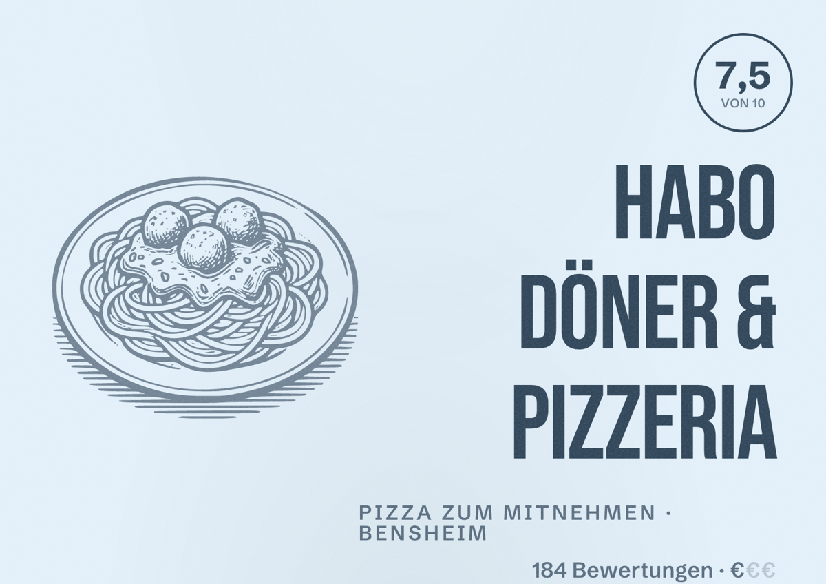 Illustriertes Poster von Habo Döner & Pizzeria, Pizza zum Mitnehmen in Bensheim: Bewertung 7,5 von 10 aus 184 Bewertungen, Preisniveau €