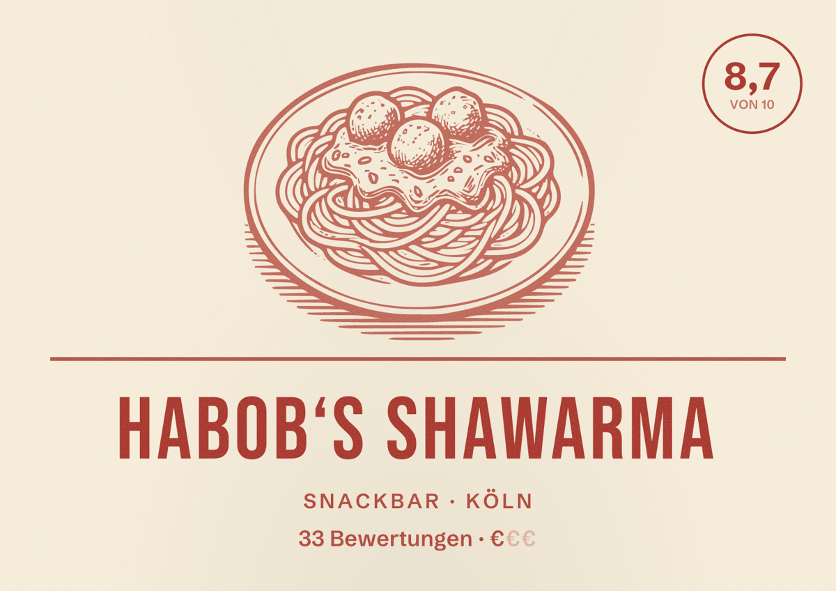 Illustriertes Poster von habob‘s Shawarma, Snackbar in Köln: Bewertung 8,7 von 10 aus 33 Bewertungen, Preisniveau €