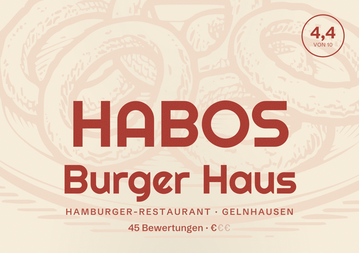 Illustriertes Poster von HABOS Burger Haus, Hamburger-Restaurant in Gelnhausen: Bewertung 4,4 von 10 aus 45 Bewertungen, Preisniveau €