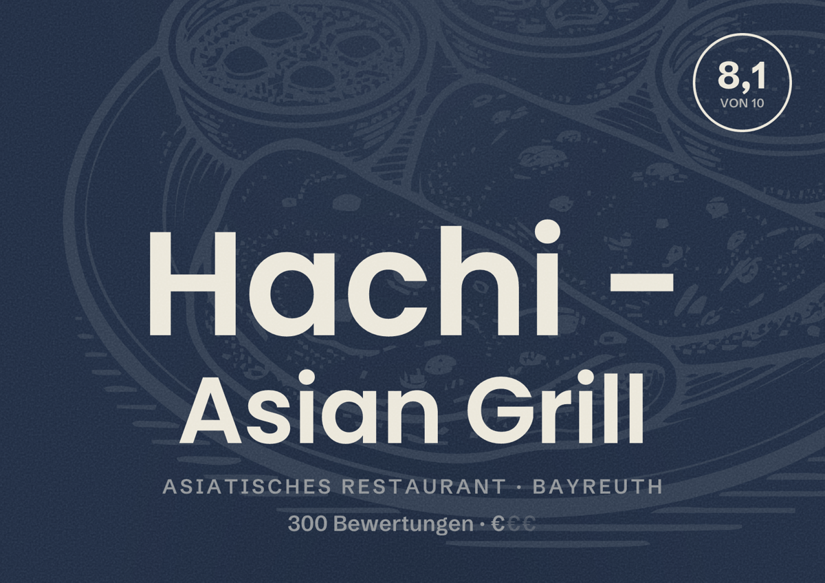 Illustriertes Poster von Hachi - Asian Grill, Asiatisches Restaurant in Bayreuth: Bewertung 8,1 von 10 aus 300 Bewertungen, Preisniveau €