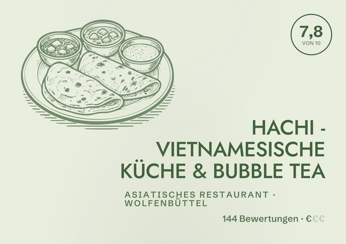 Illustriertes Poster von HACHI - VIETNAMESISCHE KÜCHE & BUBBLE TEA, Asiatisches Restaurant in Wolfenbüttel: Bewertung 7,8 von 10 aus 144 Bewertungen, Preisniveau €