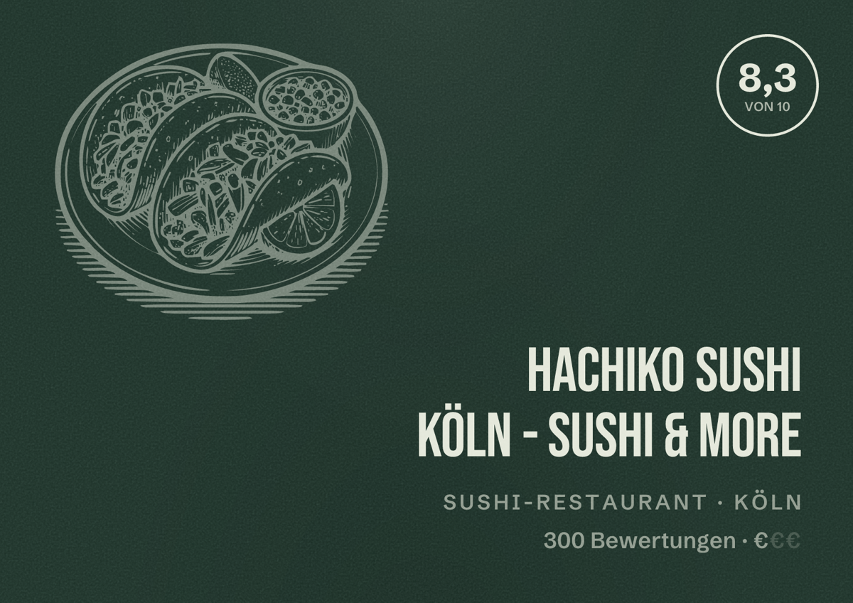 Illustriertes Poster von Hachiko Sushi Köln - Sushi & More, Sushi-Restaurant in Köln: Bewertung 8,3 von 10 aus 300 Bewertungen, Preisniveau €
