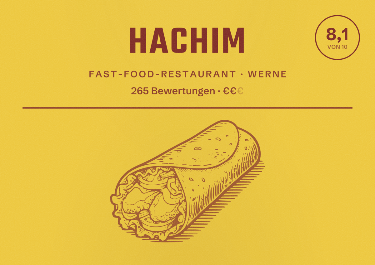 Illustriertes Poster von Hachim, Fast-Food-Restaurant in Werne: Bewertung 8,1 von 10 aus 265 Bewertungen, Preisniveau €€