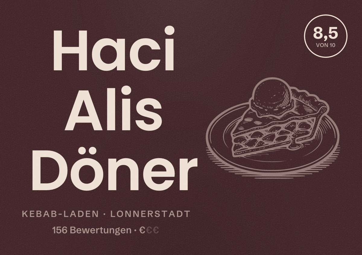 Illustriertes Poster von Haci Alis Döner, Kebab-Laden in Lonnerstadt: Bewertung 8,5 von 10 aus 156 Bewertungen, Preisniveau €