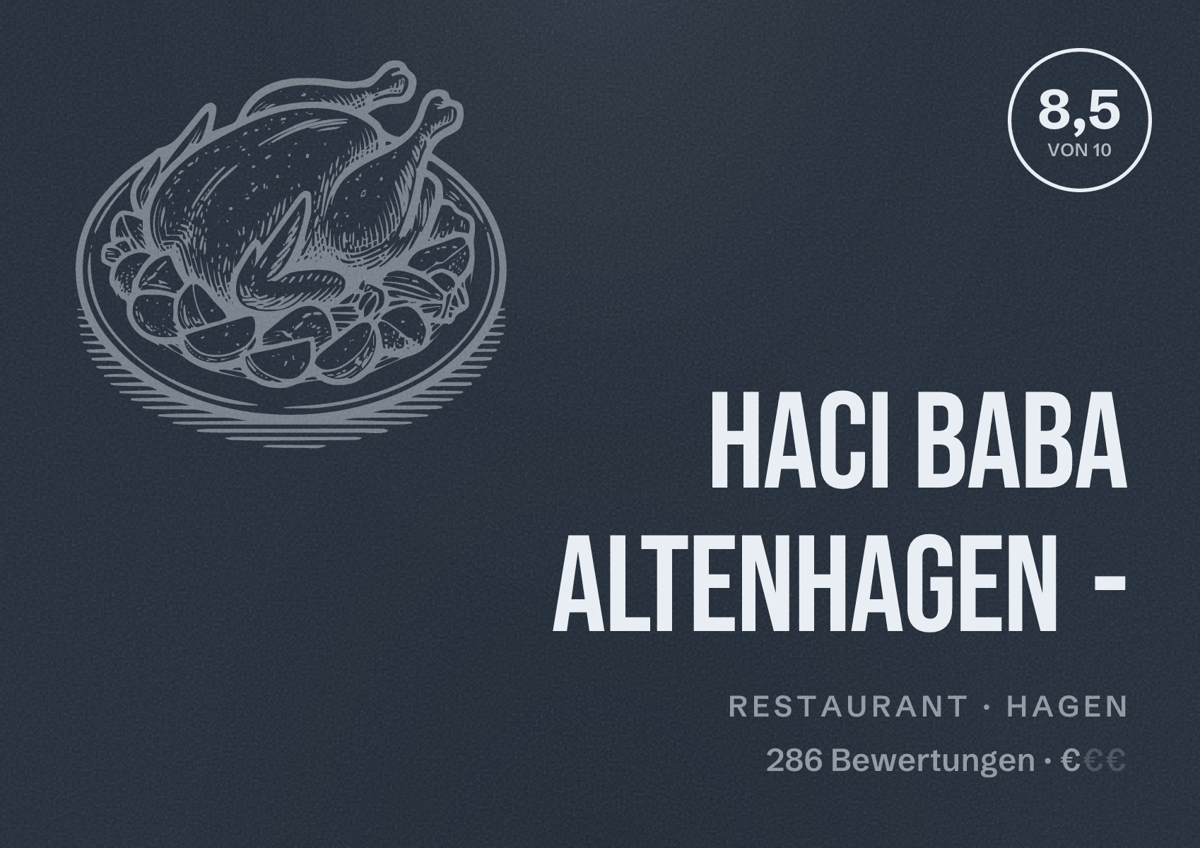Illustriertes Poster von Haci Baba Altenhagen -, Restaurant in Hagen: Bewertung 8,5 von 10 aus 286 Bewertungen, Preisniveau €
