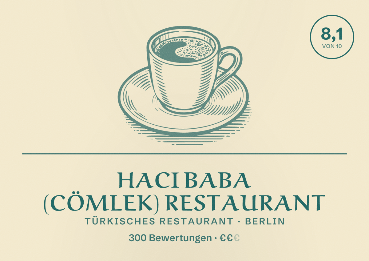 Illustriertes Poster von Haci Baba (CÖMLEK) Restaurant, Türkisches Restaurant in Berlin: Bewertung 8,1 von 10 aus 300 Bewertungen, Preisniveau €€