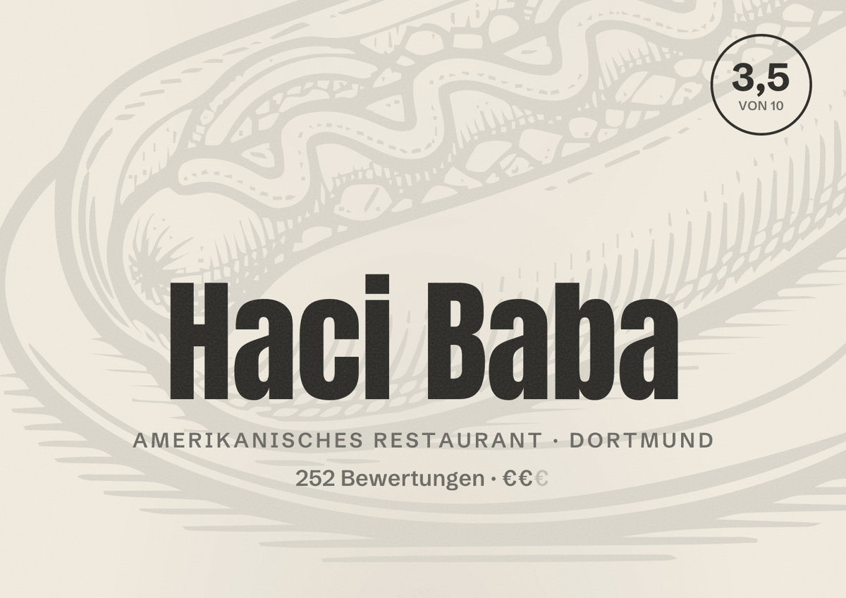 Illustriertes Poster von Haci Baba, Amerikanisches Restaurant in Dortmund: Bewertung 3,5 von 10 aus 252 Bewertungen, Preisniveau €€