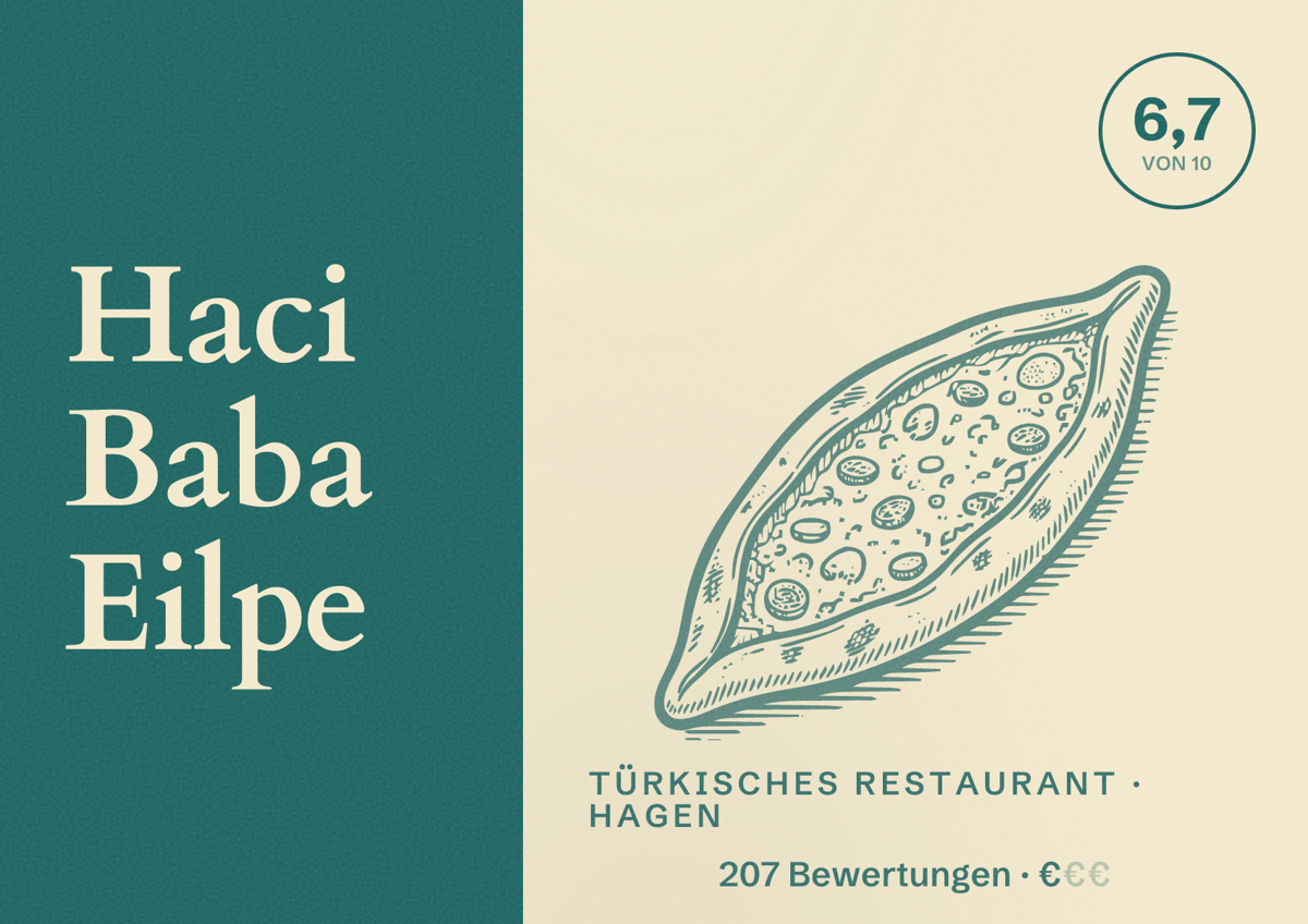 Illustriertes Poster von Haci Baba Eilpe, Türkisches Restaurant in Hagen: Bewertung 6,7 von 10 aus 207 Bewertungen, Preisniveau €