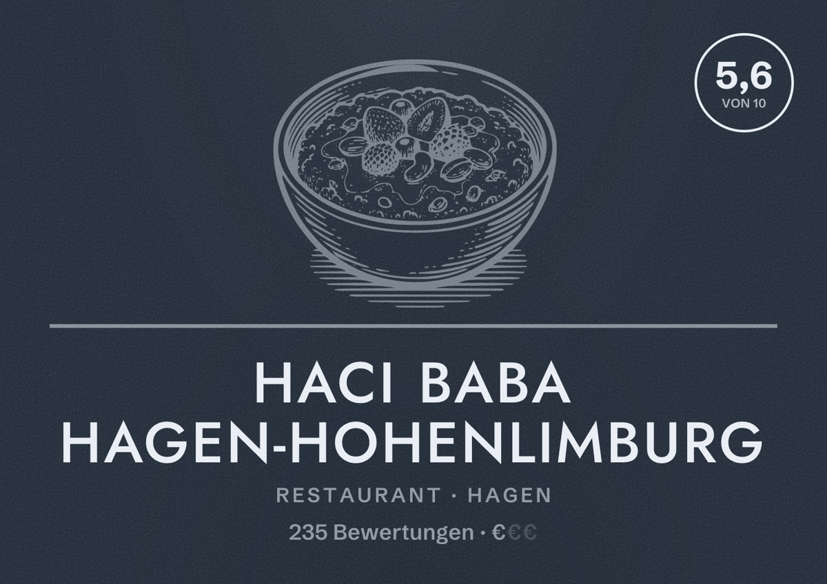 Illustriertes Poster von Haci Baba Hagen-Hohenlimburg, Restaurant in Hagen: Bewertung 5,6 von 10 aus 235 Bewertungen, Preisniveau €