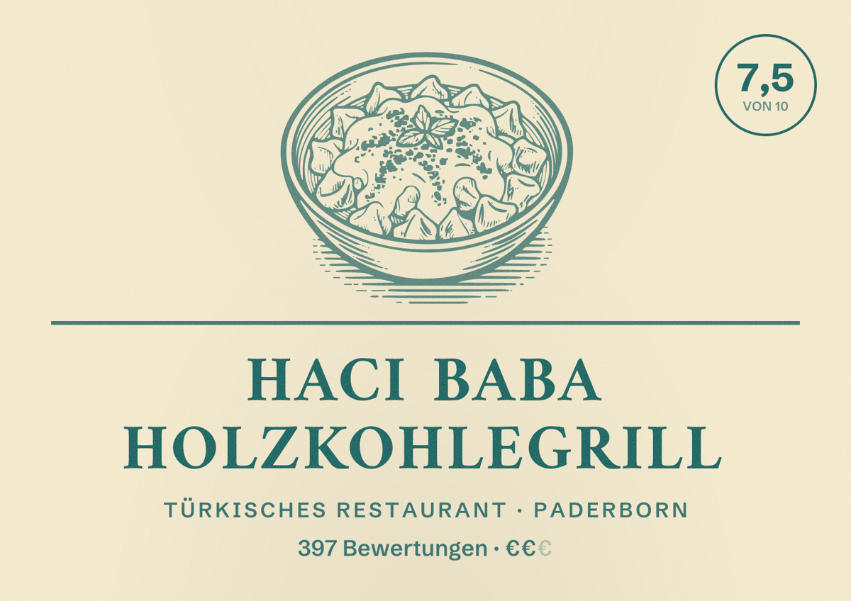 Illustriertes Poster von Haci Baba Holzkohlegrill, Türkisches Restaurant in Paderborn: Bewertung 7,5 von 10 aus 397 Bewertungen, Preisniveau €€