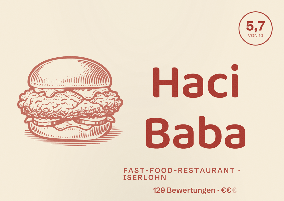 Illustriertes Poster von Haci Baba, Fast-Food-Restaurant in Iserlohn: Bewertung 5,7 von 10 aus 129 Bewertungen, Preisniveau €€