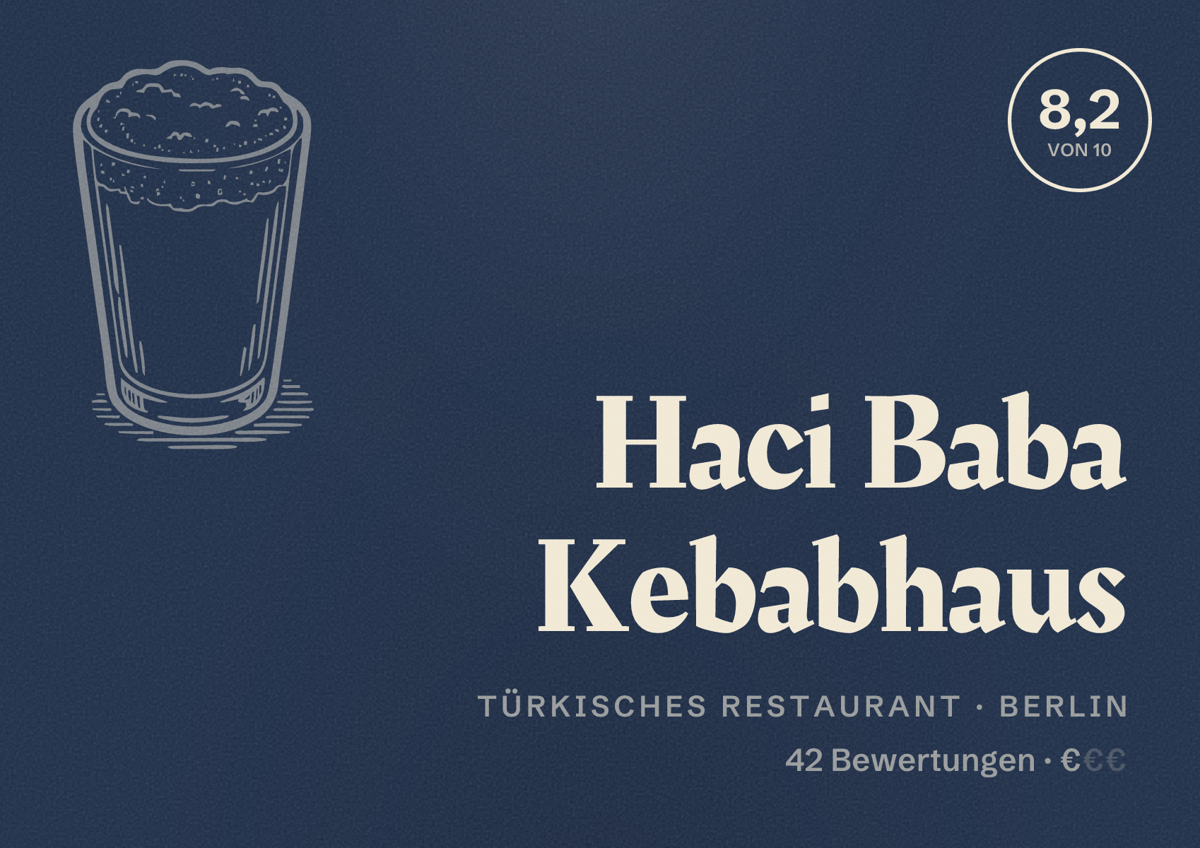 Illustriertes Poster von Haci Baba Kebabhaus, Türkisches Restaurant in Berlin: Bewertung 8,2 von 10 aus 42 Bewertungen, Preisniveau €