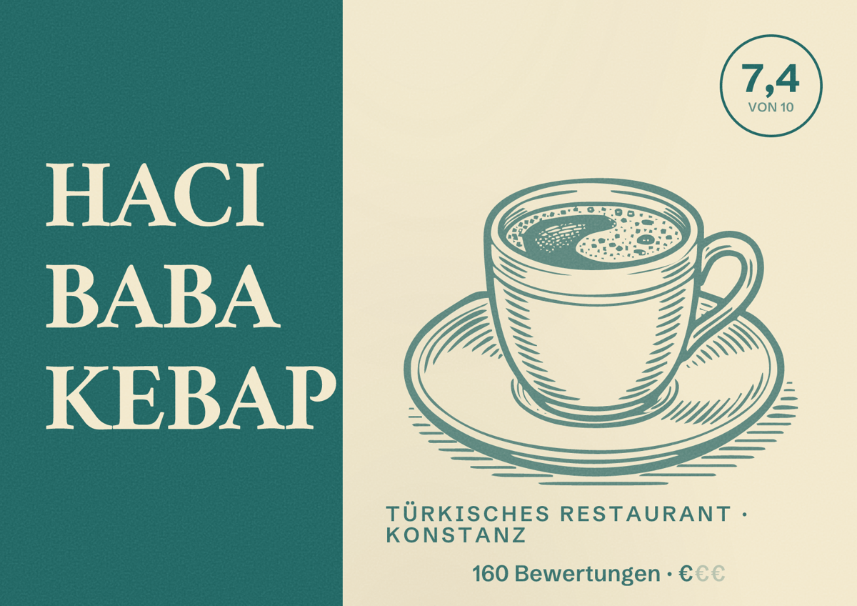 Illustriertes Poster von HACI BABA KEBAP, Türkisches Restaurant in Konstanz: Bewertung 7,4 von 10 aus 160 Bewertungen, Preisniveau €