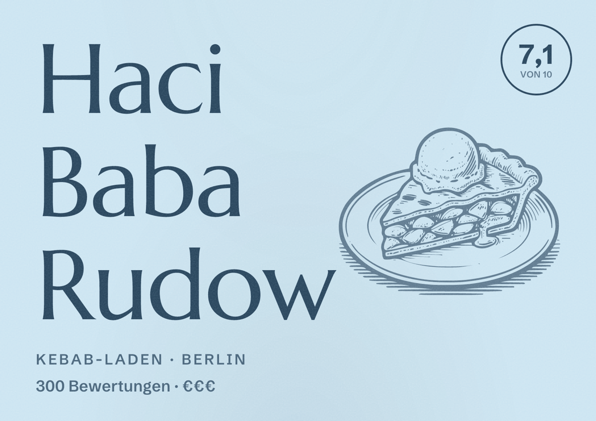 Illustriertes Poster von Haci Baba Rudow, Kebab-Laden in Berlin: Bewertung 7,1 von 10 aus 300 Bewertungen, Preisniveau €€€