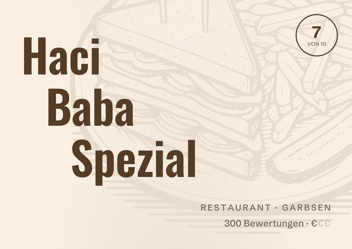 Illustriertes Poster von Haci Baba Spezial, Restaurant in Garbsen: Bewertung 7 von 10 aus 300 Bewertungen, Preisniveau €