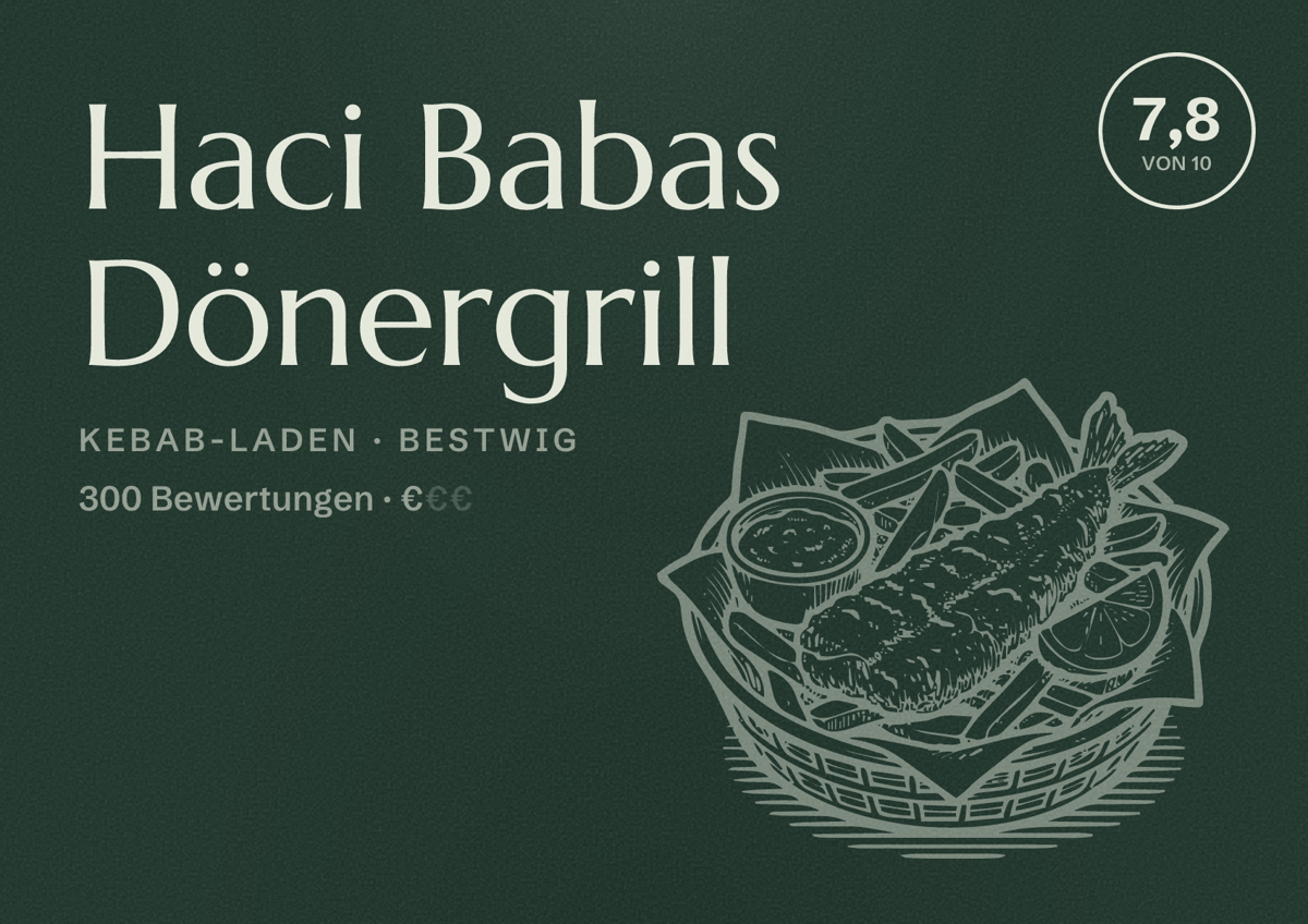 Illustriertes Poster von Haci Babas Dönergrill, Kebab-Laden in Bestwig: Bewertung 7,8 von 10 aus 300 Bewertungen, Preisniveau €