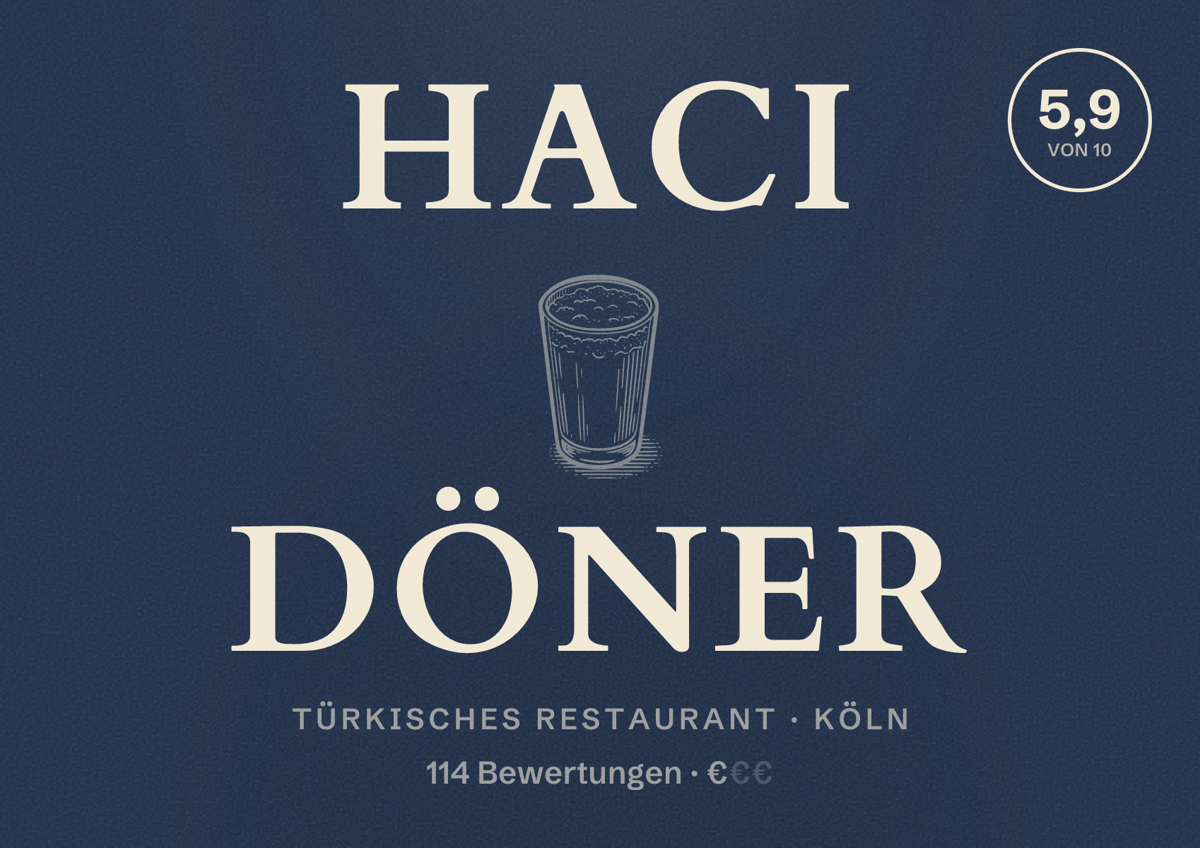 Illustriertes Poster von Haci Döner, Türkisches Restaurant in Köln: Bewertung 5,9 von 10 aus 114 Bewertungen, Preisniveau €