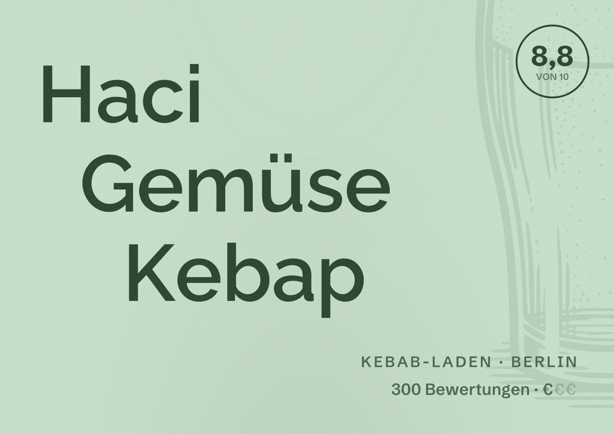 Illustriertes Poster von Haci Gemüse Kebap, Kebab-Laden in Berlin: Bewertung 8,8 von 10 aus 300 Bewertungen, Preisniveau €