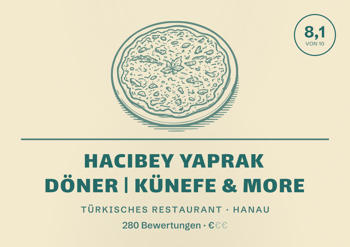 Illustriertes Poster von Hacibey Yaprak Döner | Künefe & More, Türkisches Restaurant in Hanau: Bewertung 8,1 von 10 aus 280 Bewertungen, Preisniveau €