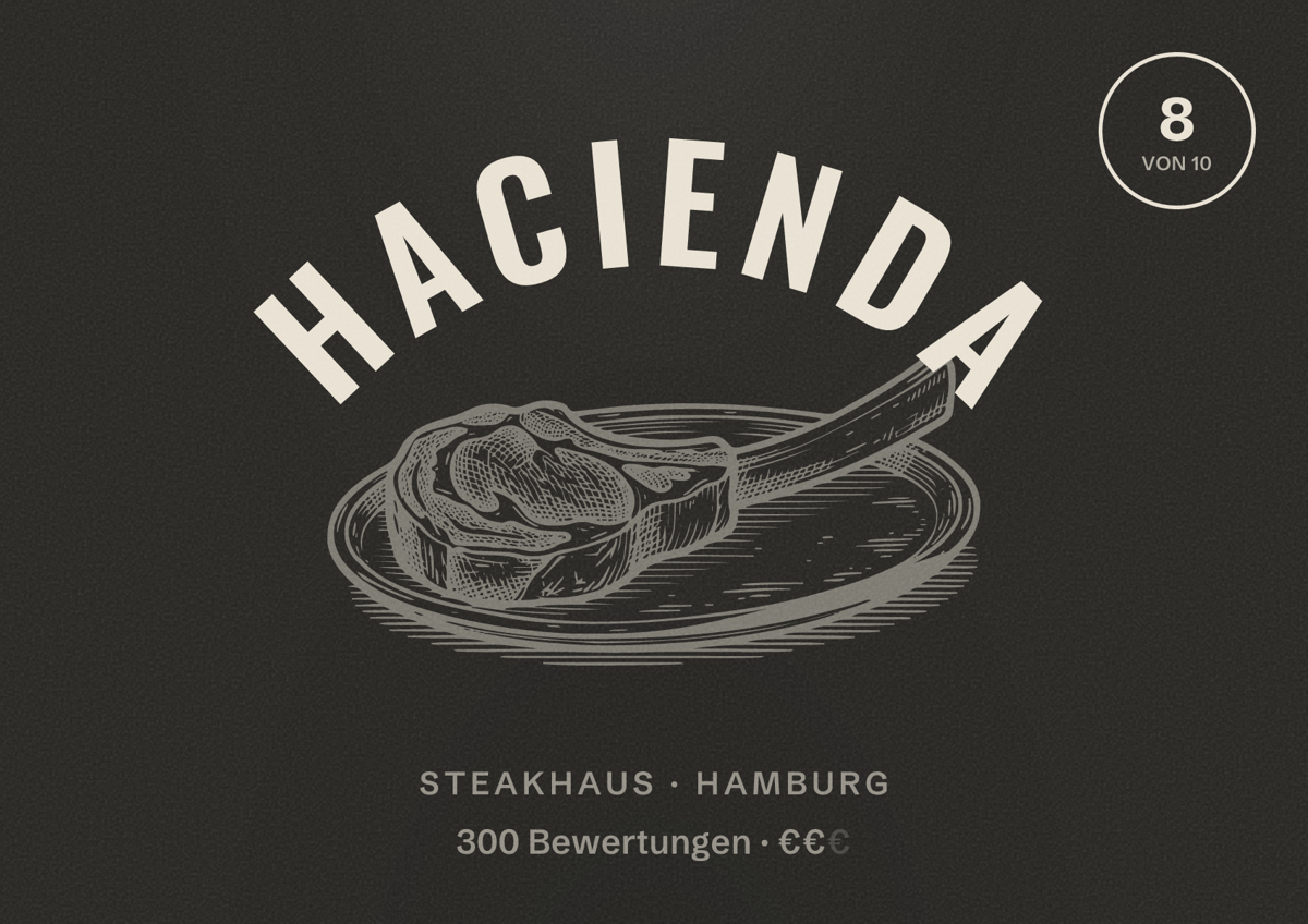 Illustriertes Poster von Hacienda, Steakhaus in Hamburg: Bewertung 8,0 von 10 aus 300 Bewertungen, Preisniveau €€