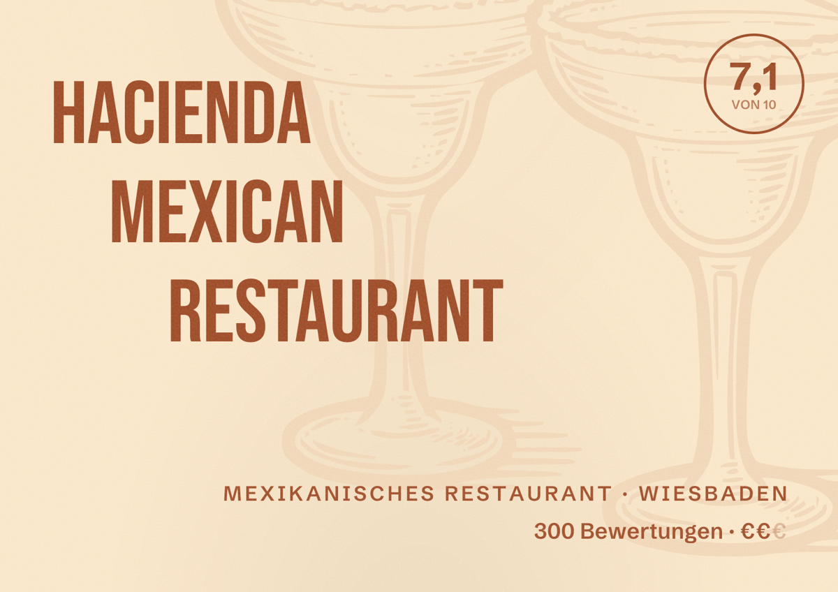 Illustriertes Poster von Hacienda Mexican Restaurant, Mexikanisches Restaurant in Wiesbaden: Bewertung 7,1 von 10 aus 300 Bewertungen, Preisniveau €€